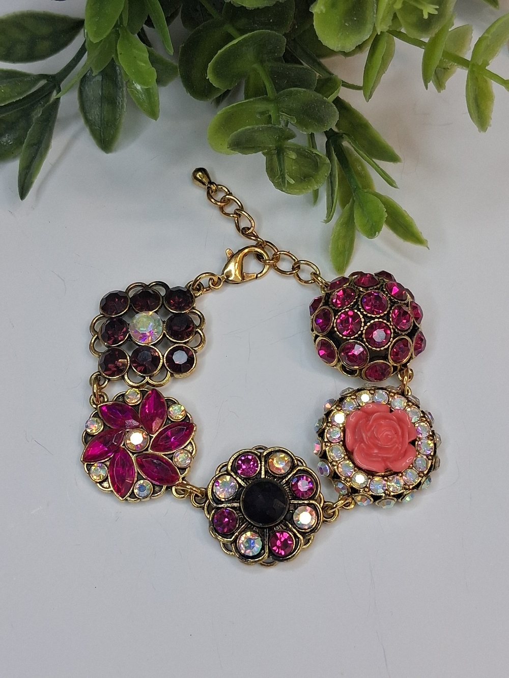 Gold-Tone Pink Crystal Floral Statement Bracelet Vintage Vibe